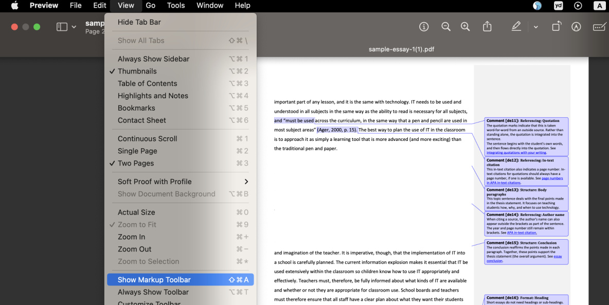 Make the Markup Toolbar Appear