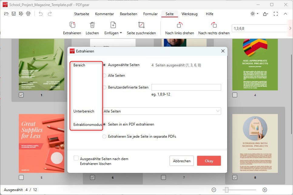 Benutzerdefinierte extrahierte PDF-Seiten