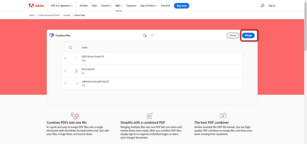 Combine PDF in Adobe Acrobat Online
