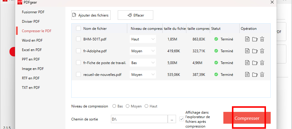 Compresser et exporter des PDF avec PDFgear de bureau