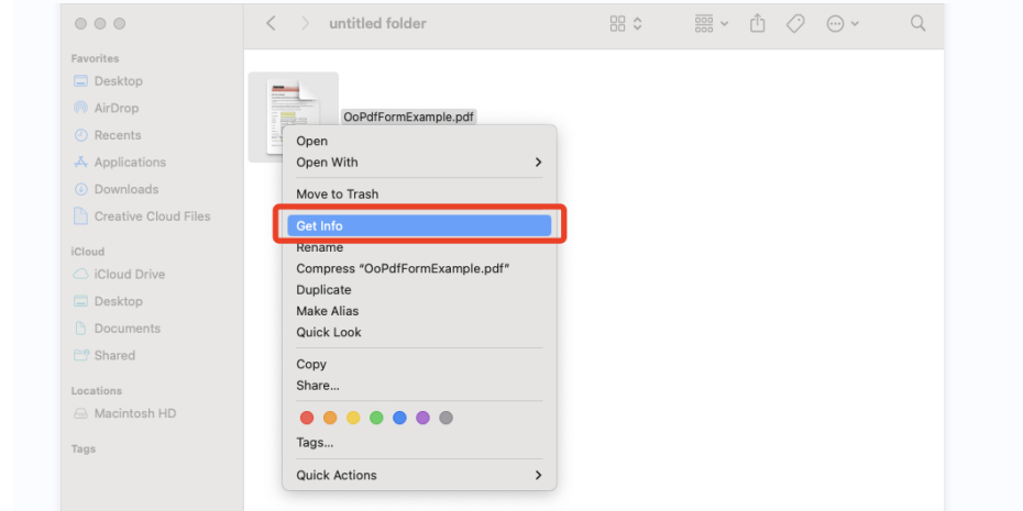 Right Click On the PDF File and Select Get Info