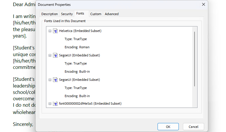 Check Fonts in PDF Properties