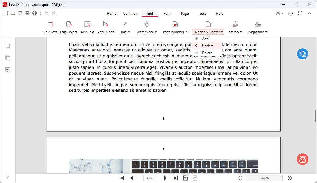 Edit Header Footer
