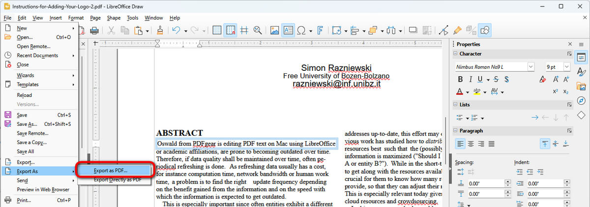 Exporter un PDF dans LibreOffice