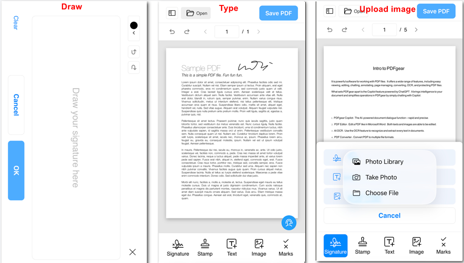 Three ways to add a signature in PDFgear Online Signer
