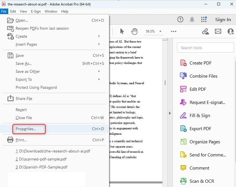 Ouvrir les Propriétés du Document dans Adobe