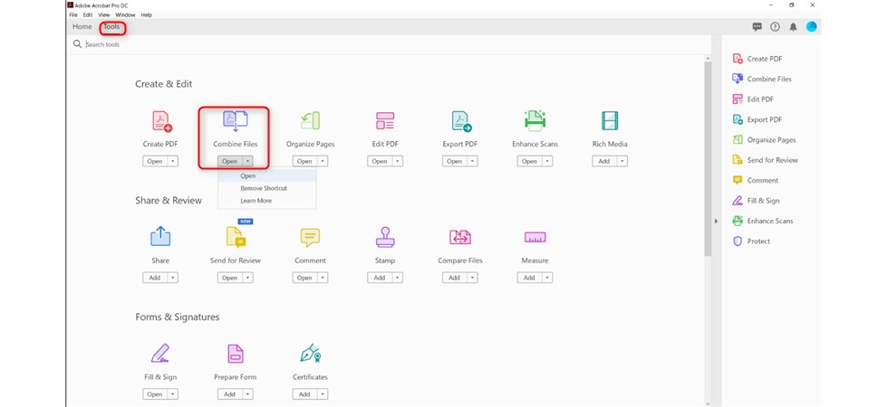Open the Combine Files Tool in Adobe