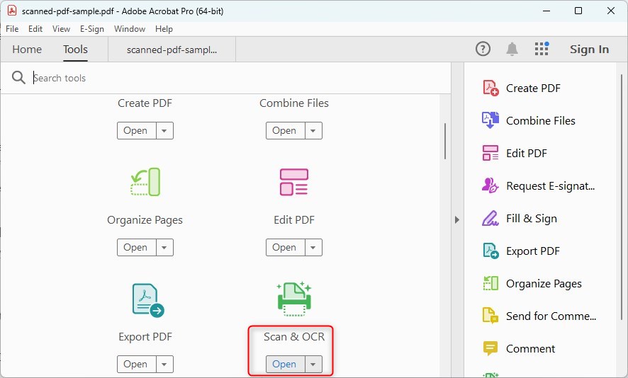 Open the OCR Tool in Adobe