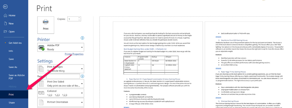 Aller à l'option Imprimer dans Word