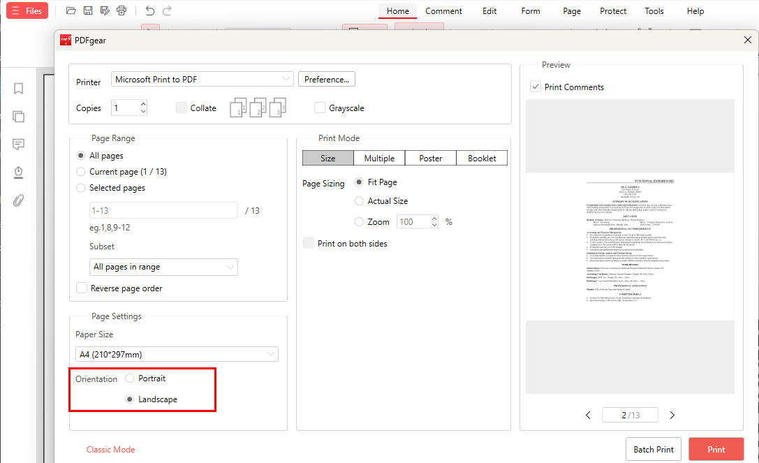 Change PDF to Landscape with Shortcut