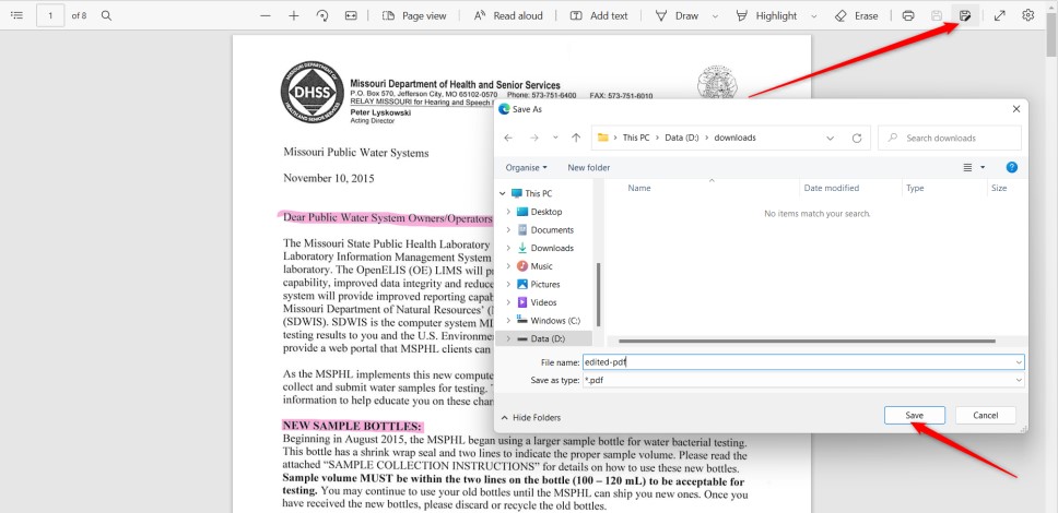 Save the PDF on Microsoft Edge