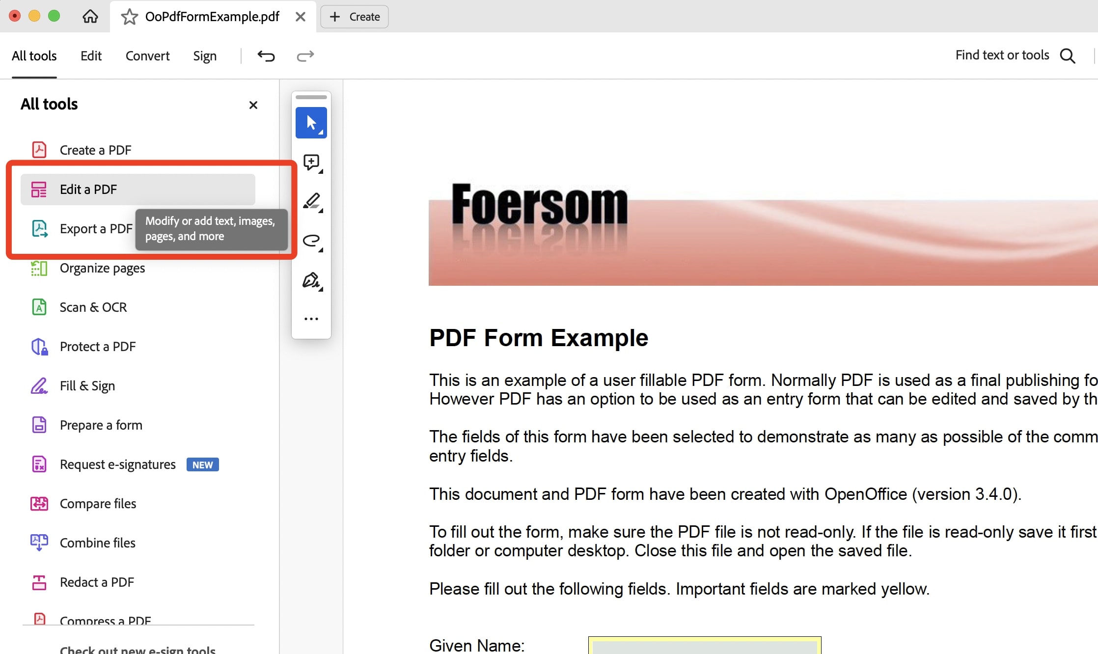 Seleziona Modifica un PDF nella barra degli strumenti